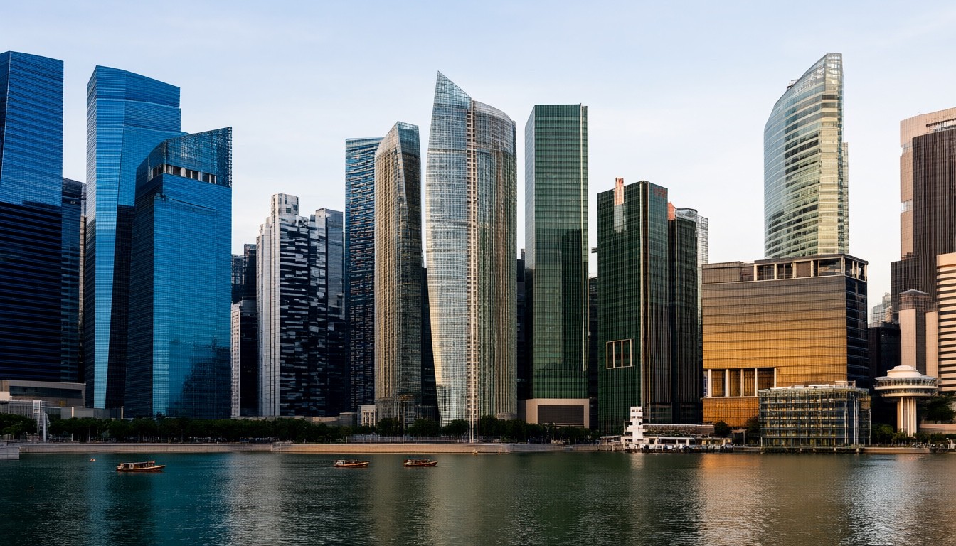 The Singapore financial district at dusk, seen across Marina Bay