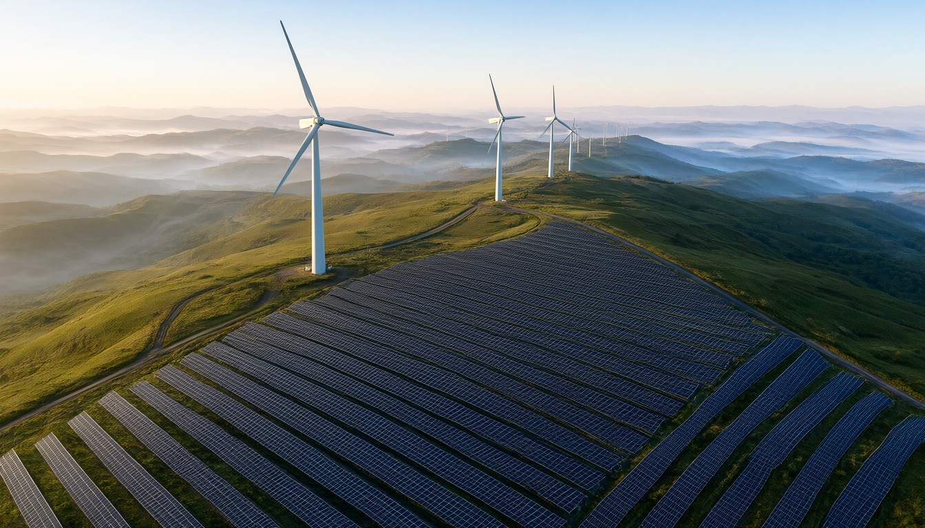 A wind farm and solar arrays on rolling land at sunrise