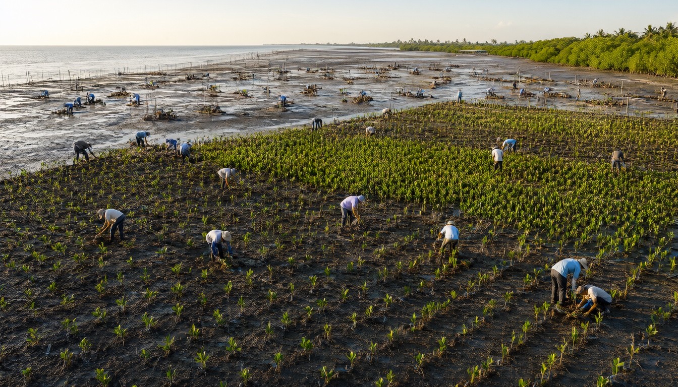 Workers replanting mangrove saplings on a tidal flat at golden hour