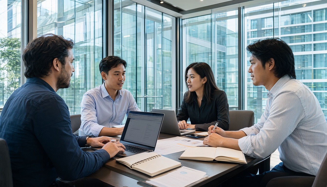 A deal team meeting in a bright Singapore office