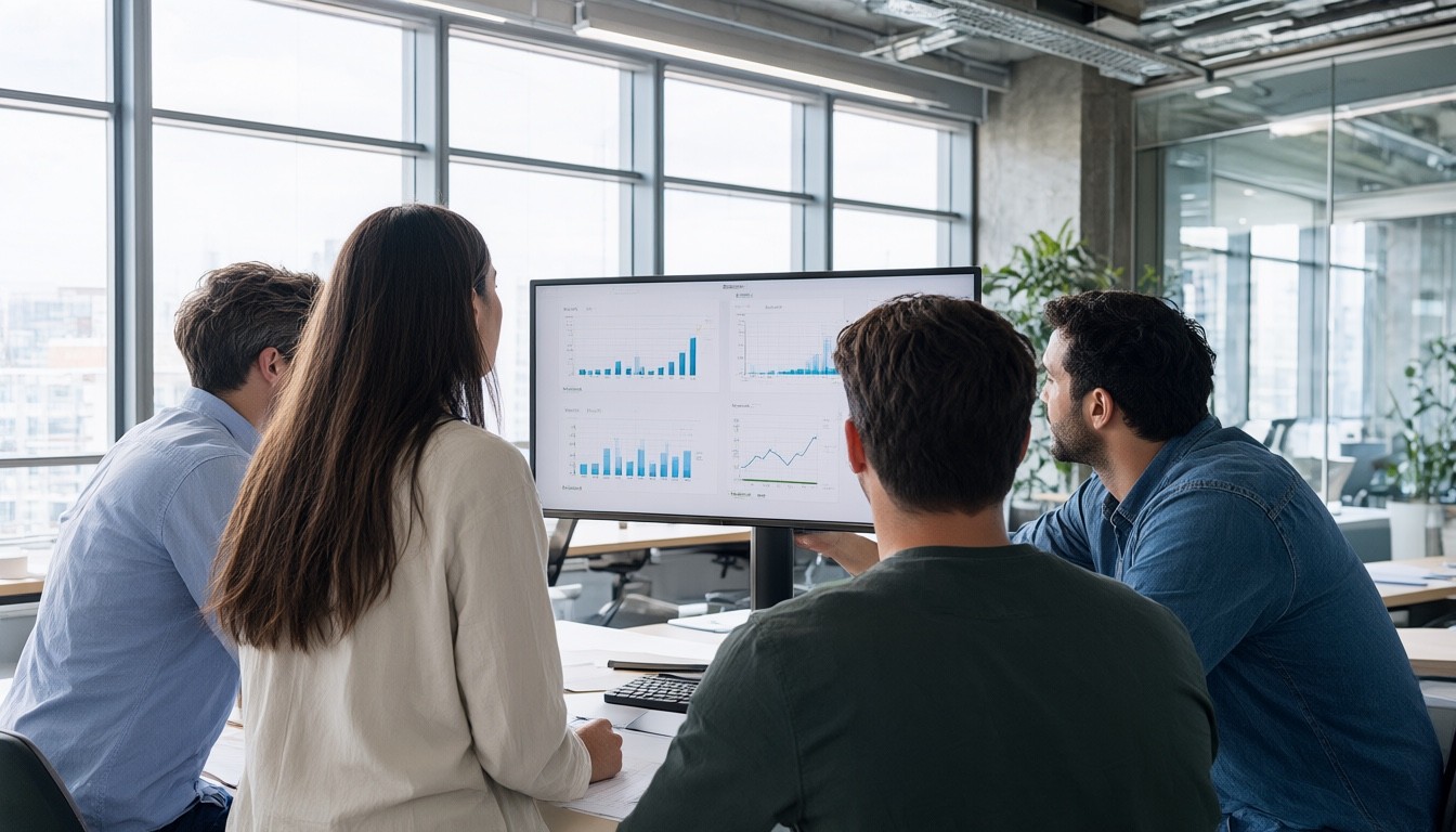 A sustainability team reviewing data on a screen in a bright office